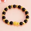 Pulseira Pixiu Cor Dourado Areia Que Não Desbota por Muito Tempo, Contas de Buda Imitação de Granada, Pulseira Feminina de Cobre Real Dourado Imitação Obsidiana Imitação Atacado