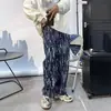 Pantalones Rectos Ajustados de Tiro Alto en Mezclilla Lavada con Diseño de Textura Jacquard Retro High Street de Comercio Exterior Transfronterizo para Hombres y Mujeres