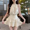 Conjunto de Design de Temperamento Gravata Borboleta Top de Alça Halter Saia em Camadas de Cintura Alta de Verão Conjunto de Duas Peças Feminino