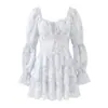 Vestido Corto Elegante de Gasa Estampado con Tinta Estilo Francés Romántico con Bordes Fruncidos, Tirantes de Atar, Mangas Largas, Ceñido a la Cintura, Corte Ajustado, Vestido Corto de Volantes