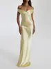Vestido largo de satén estilo europeo y americano, con hombros descubiertos, escote en V, ajustado, corte sirena, color liso, de alta gama, elegante, C