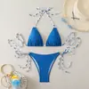 Biquíni Europeu e Americano Novo Estilo Duas Peças, Biquíni Sexy de Menina Quente, Estilo de Três Pontos com Decote Halter, Cor Sólida, Biquíni Simples de Atravessar a Fronteira