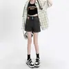 Shorts de Mezclilla Negros Grises Rizados para Mujer Verano Cintura Alta Sueltos Retro Línea A Pierna Recta Pierna Ancha Pantalones Cortos