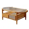 Conjunto de Mesa de Centro de Madeira Maciça Rattan de Luxo Leve com Vidro Changhong, Camada Dupla com Gavetas, Formato Redondo para Uso Doméstico na Sala de Estar, Mesa de Chá Tendência Trançada em Rattan
