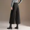 Calça de Lã Wide Leg da Moda Feminina Outono Inverno 2026 Nova Grossa Cintura Alta Cobre o Quadril Casual Calça Solta com Caimento Cropped