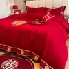 Nuevo Juego de Cuatro Piezas de Algodón Bordado Estilo Chino de Alta Gama para Boda, Sábana Roja Brillante, Funda de Edredón de Algodón Puro, Ropa de Cama para Boda