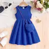 Comercio Exterior Ropa Infantil Verano Niñas Casual Color Sólido Cuello Redondo Sin Mangas Cintura Ceñida Vestido de Punto + Bolso Cruzado