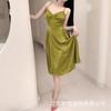 Vestido retro verde estilo francés con espalda casual atada, falda sexy con una textura de alta calidad para usar en casa