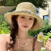 Sombrero de Paja de Estilo Étnico con Ala Ancha para Vacaciones en la Playa de Verano para Mujer, Sombrero de Pescador Protector Solar