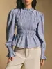 Design Casual Francês, Bordas Franzidas, Blusa Listrada Versátil, Mangas Bufantes, Camisa Elegante Retro de Corte Justo