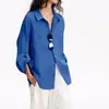 Camisa Casual de Manga Longa com Lapela para Mulheres, Outono, Mangas Dobráveis, Bolsos, de Botão Único, Estilo Solto Preguiçoso, Blusa para Ir ao Trabalho com Proteção Solar