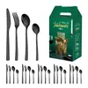 Mango cuadrado set de 24/30 piezas acero inoxidable juego de cubertería occidental cuchillo, tenedor y cuchara dorados estante de almacenamiento caja de regalo