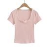 Camiseta de Encaje de Deseo Puro de Manga Corta para Mujer Verano Ajustada Adelgazante Cuello Cuadrado Camisa Base con Top de Lazo Corto