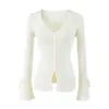 Cardigan de Tricô com Decote V, Botões Únicos, Renda Vazada, Mangas Sino com Amarração, Temperamento Doce, Outono, Slim Fit, Cor Sólida, Top de Renda Vazada