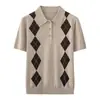 Camisa de Punto Retro Miu con Bloques de Color, Cuello Solapa, Manga Corta para Mujer, Colección Primavera/Verano 2026, Corte Ajustado, Hombro Normal, Cuello Polo