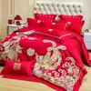 Conjunto de casamento em tecido escovado hipoalergênico em vermelho vibrante, conjunto de capa de edredom com bordado pesado requintado estilo chinês