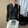 Gola cachecol estilo casual com fitas, suéter de malha 100% lã pura para mulheres, versátil e modelador, top base estilo coreano
