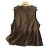 Foto real de una nueva chaqueta chaleco de algodón para mujer, corte holgado, adelgazante, rejuvenecedora, cuello redondo, con volantes, top de diseño único
