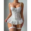 Conjunto de Corsé Blanco de Encaje Talla Plus con Tirantes Finos, Tirantes Fruncidos, Volantes Ceñidores de Cintura y Lencería con Portaligas