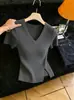 Top de Punto Retro Chic Elegante con Cuello en V y Mangas Cortas para Mujer 2026 Nueva Llegada Primavera/Verano Súper Hermoso Más Vendido Top Adelgazante