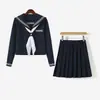 Conjunto auténtico de uniforme de marinero estilo japonés para mujer, que incluye un top de manga larga con cuello azul marino oscuro y una falda plisada, un atuendo de tres piezas