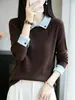 Suéter de Muñeco de Lana Fina para Mujer Nuevo de Otoño e Invierno Bloque de Color Diseño de Solapa Conjunto de Punto Holgado Adelgazante Temperamento