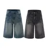 Nuevos shorts de mezclilla de verano para hombre y mujer, patrón de rayo azul retro americano desgastado, corte recto holgado, pantalones cropped, modernos