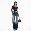 Jeans de campana lavados de tres botones estilo americano para mujer, color naranja joven, corte ajustado, adelgazantes, elegantes, levanta glúteos, versátiles