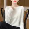 Suave con la piel, 100% transpirable, suéter de punto clásico de cuello redondo para mujer de primera línea, estilo lana otoño/invierno, rosa elegante
