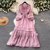 Vestido doce de manga lanterna estilo francês para mulheres, versão coreana de primavera, com amarração na cintura, elegante e afunilado em A, longo, na cor rosa