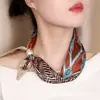 Lenço de seda estilo vintage para primavera e verão, com estampa paisley, contas e fecho magnético, pequeno lenço de pescoço estilo luxo leve de alta qualidade, acessório feminino com fita