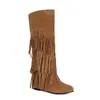 Botas de color liso transfronterizas de talla grande, botas de tubo alto versátiles para otoño e invierno para mujer, suela de goma, antideslizantes, botas de comercio exterior, botas slip-on de tacón plano con borlas