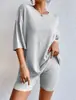 Nuevo Conjunto de Shorts Casuales de Moda Europea y Americana 2023 Color Sólido Primavera Cuello Redondo Holgado para Mujer