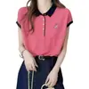 Camiseta de Punto Fina de Manga Corta con Bordado de Girasol y Cara Sonriente Verano Elegante Adelgazante Top con Medio Botón y Bloques de Color con Solapa para Mujer