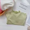 Blusas da Moda para Meninas Primavera e Outono, Camiseta Tendência da Marca Estilosa para Crianças, Cor Sólida com Babados e Gola Meia-Alta, Estilo Coreano
