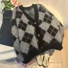 Jaqueta Suéter Acolchoada de Mohair Cinza e Preta, Solta e Versátil com Botões Metálicos, Cardigã de Tricô com Decote V Estilo Chanel
