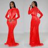 C6369 transfronterizo AliExpress Amazon moda europea y americana para mujer vestido de manga larga de malla con pedrería de color sólido