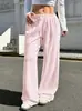 2026 Pantalones Casuales de Pierna Ancha Color Rosa Nude Estilo Europeo y Americano de Amazon Cintura Alta con Cordón Caída Larga Ligeros Versátiles