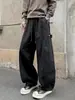 Pantalones casuales de pierna recta estilo japonés para hombre, moda urbana de moda con diseño de patchwork lavado estilo americano, color liso y corte de pierna curva