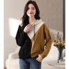 Top Elegante com Costura de Cor Contrastante, Design Moderno, Feminino, Primavera e Outono, Nova Moda, Versátil, Soltinho, Cintura Marcada, Mangas Longas, Moletom