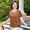 Camiseta Retro Floral Delgada de Manga Corta para Madres de Mediana Edad y Mayores, Blusa Elegante Estampada de Verano con Cuello, Top Casual