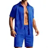 Nuevo Suéter de Punto 2025 Verano Casual Texturizado Traje de Manga Corta para Playa Pantalones Cortos de Corbata Traje con Bolsillos