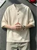Camiseta de verano para hombre, manga corta, estilo "old money", cuello Henley, imitación lino Tencel, delgada, transpirable, hombro normal, manga media