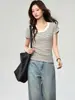 Camiseta Listrada de Algodão Puro de Alta Qualidade Feminina Verão Nova Gola Redonda Color Block Slim Fit Valorizadora Manga Curta Camiseta Básica