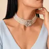 Amazon Diamante Cuadrado Multi-Capa Perla Joyería Clavícula Transfronterizo Perla Pedrería Novia Collar Pendientes Set para Mujeres