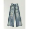 Jeans Rotos Retro Americanos para Mujer, Verano Tallas Grandes, Tipo de Cuerpo Pera, Corte Holgado, Adelgazantes, Pantalones de Pierna Ancha de Cintura Alta