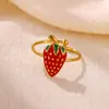 Anillos de Frutas Lindos de Acero de Titanio, Anillos Abiertos de Cereza y Fresa Frescas Que No Se Desvanecen, Anillos de Nicho Chapados en Oro de 18 Quilates
