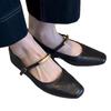 Versión de Cuero Suave ~ Zapatos Mary Jane Negros con Hebilla de Boca Baja para Mujer, Suelas Planas Retro, Zapatos Pequeños de Punta Cuadrada Cómodos y Versátiles