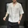 Camisa Hanfu refrescante para hombre, camiseta fina de jacquard de seda helada para verano, estilo chino, manga corta, diseño de cuello en V, corte holgado, patrón de dragón