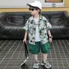 Camisa de Praia Masculina Manga Curta Seda Gelada Roupa de Férias na Praia Viagem Conjunto de Duas Peças Camisa Havaiana Manga Curta para Bebê Menino